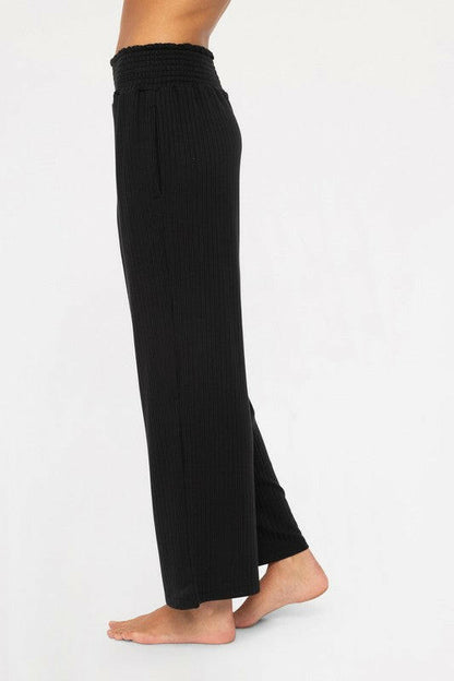 Mono B Smocked Waistband Ribbed Wide Leg Pants