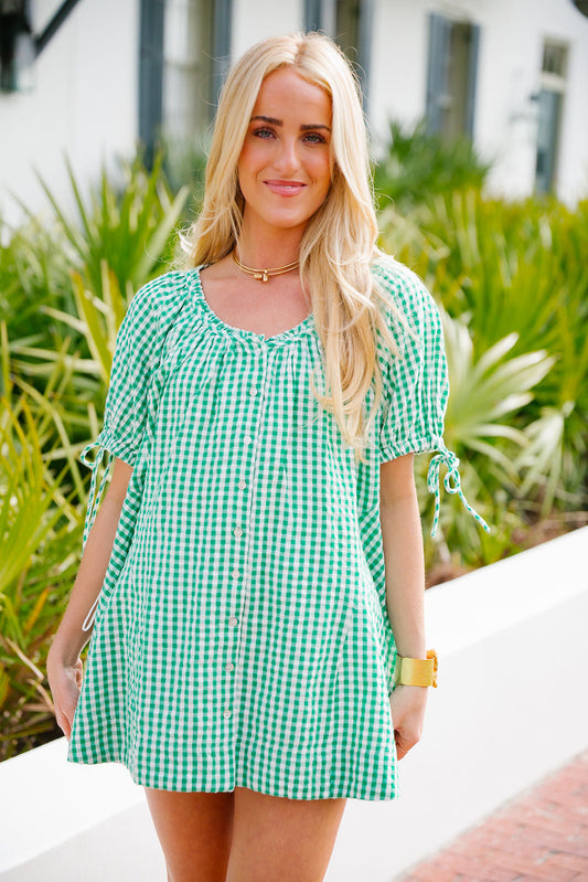 Farley Gingham Tunic - Green Combo FREE PEOPLE