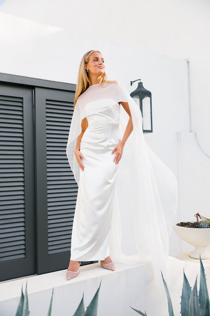 Let Me Have My Moment Cape Gown - White