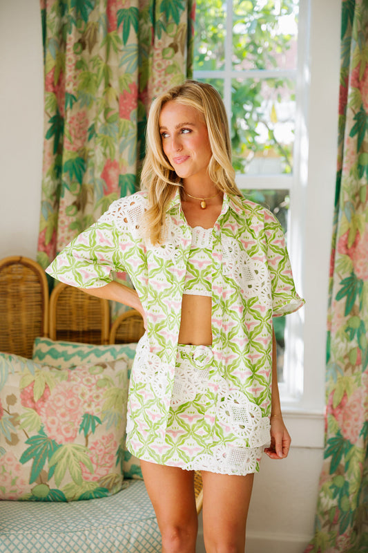 Capri Button Up - Palm Lattice Lime