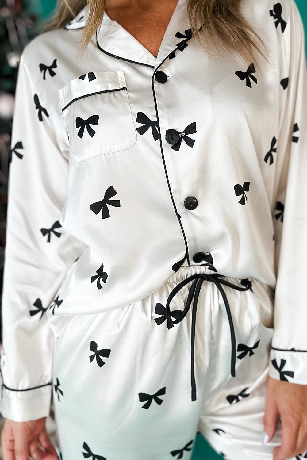 Black Bow Satin Pajama Set