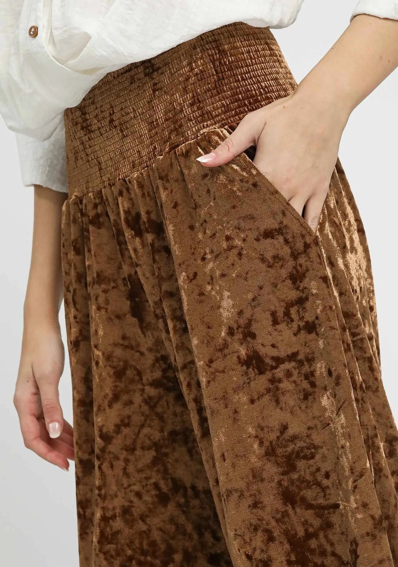 Umgee Velvet Smocked Waistband Wide Leg Pants