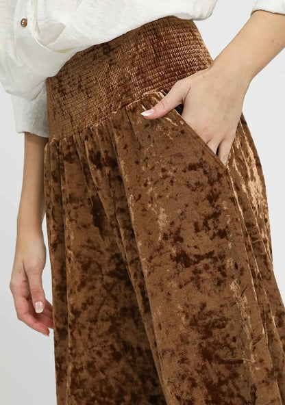 Umgee Velvet Smocked Waistband Wide Leg Pants