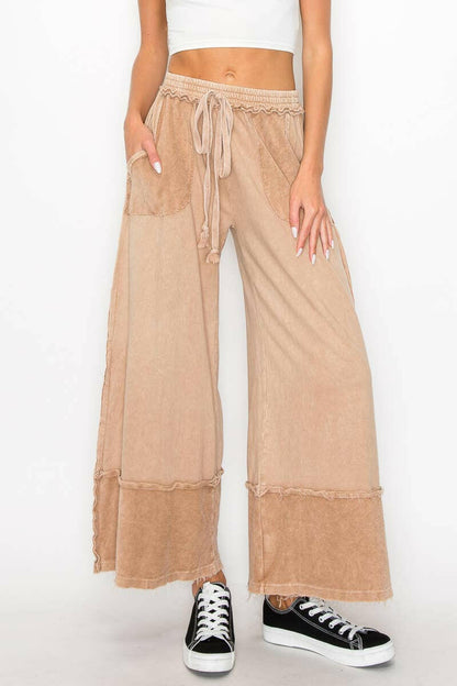 J.HER Mineral Wash Wide Pants with Raw Hem Frayed Details