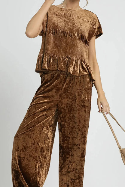 Umgee Velvet Smocked Waistband Wide Leg Pants