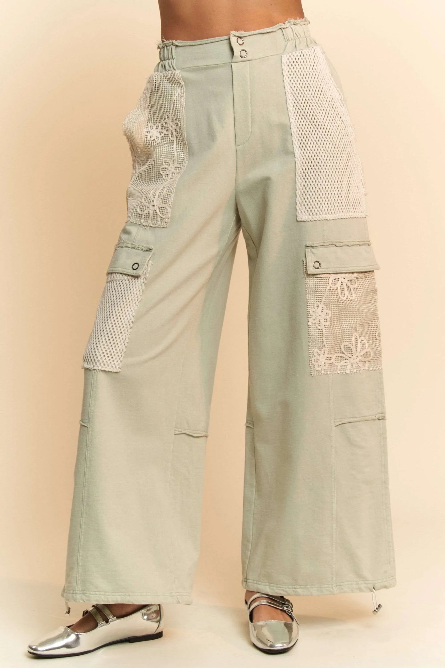 Davi & Dani Lace Patchwork Bottom Opening Adjustable Pants