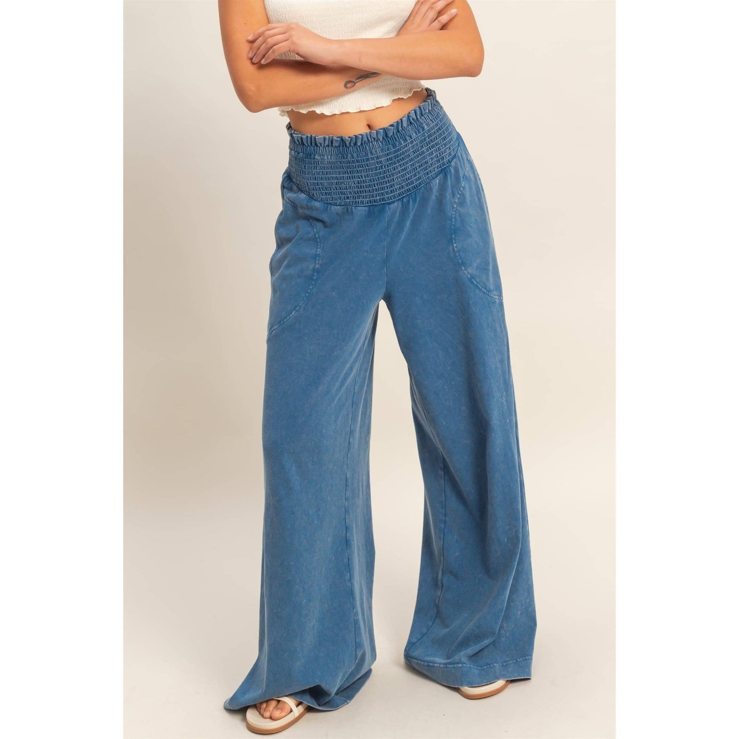 So Fetch Mineral Washed Wide-Leg Smocked Waist Pants | 6 Colors