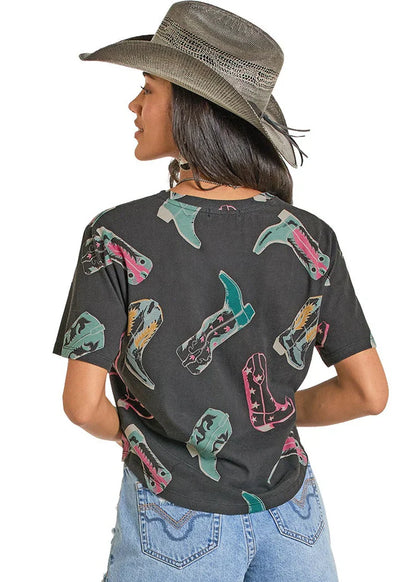 Rock & Roll Denim Women's Boot Print Crop Graphic Tee