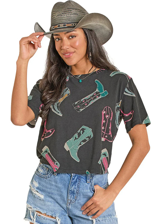 Rock & Roll Denim Women's Boot Print Crop Graphic Tee