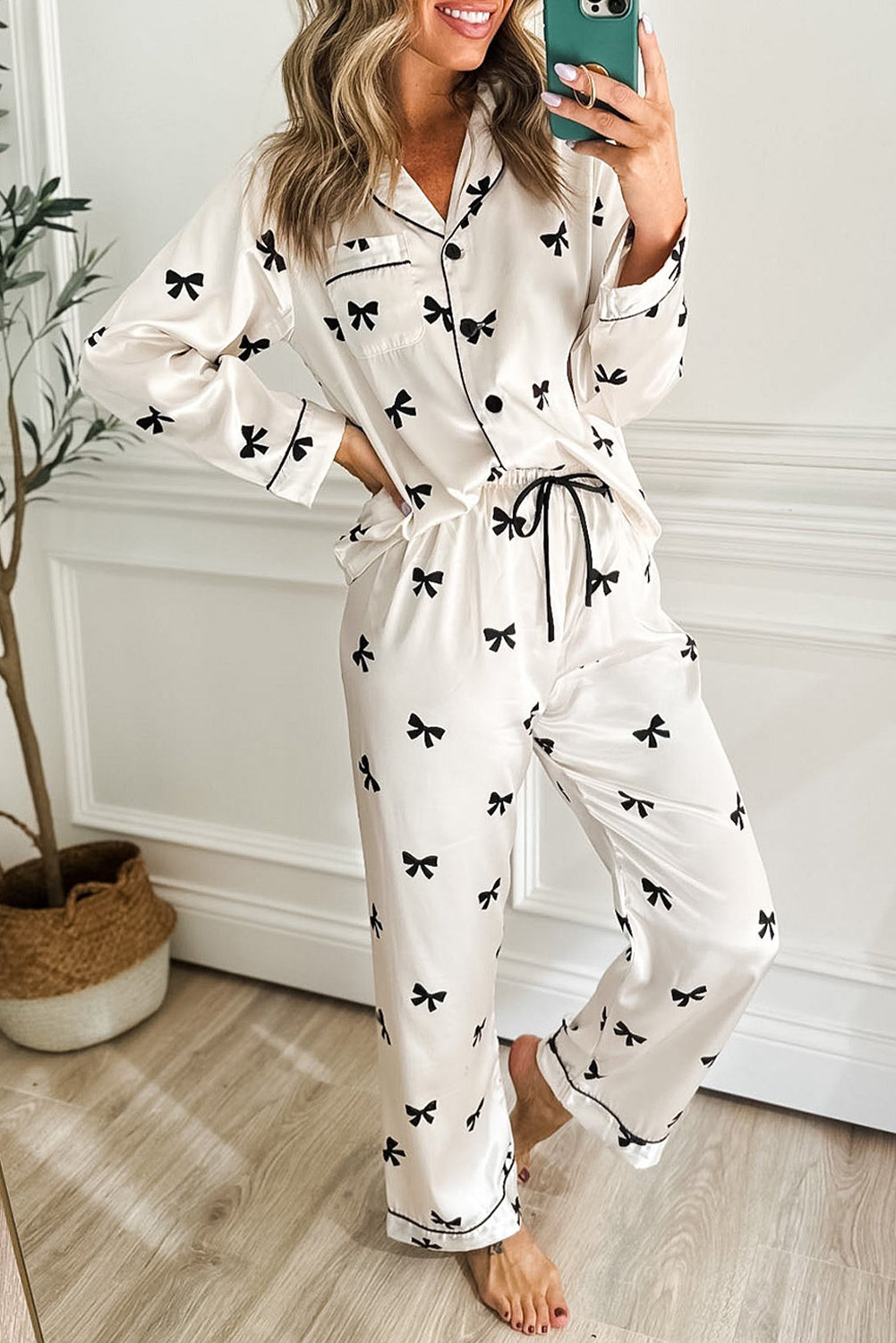 Black Bow Satin Pajama Set