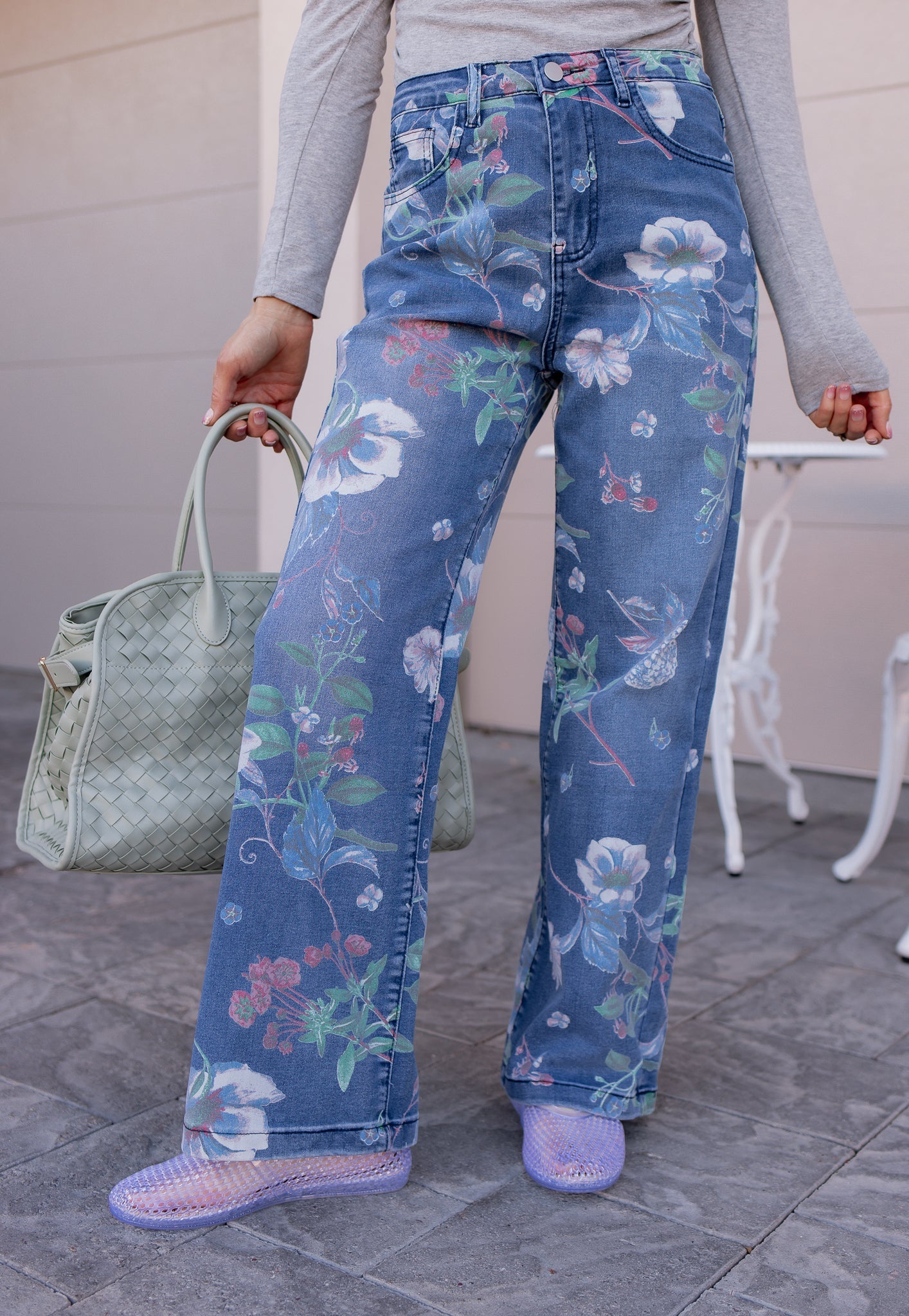 Dreamy Floral Wide Leg Denim Pants