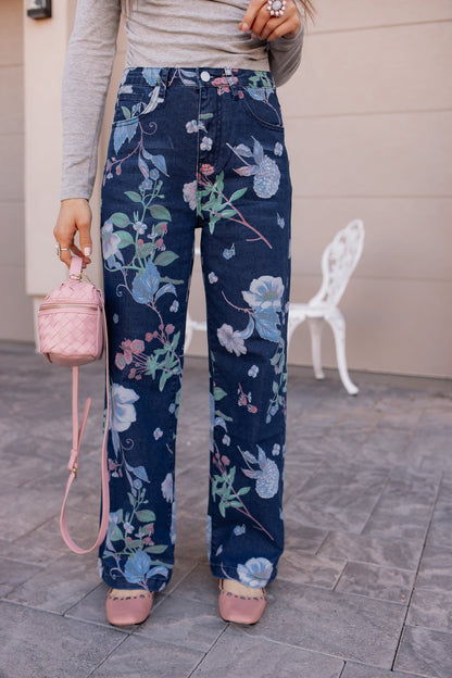 Dreamy Floral Wide Leg Denim Pants