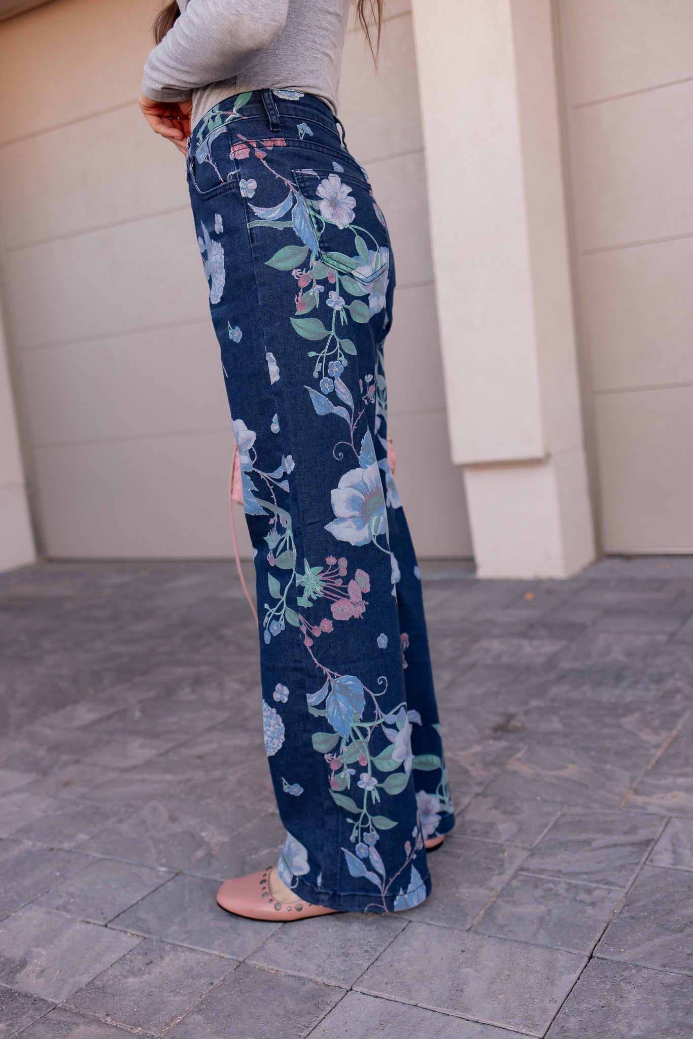 Dreamy Floral Wide Leg Denim Pants