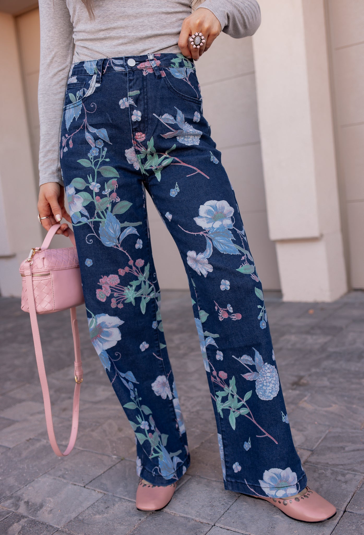Dreamy Floral Wide Leg Denim Pants
