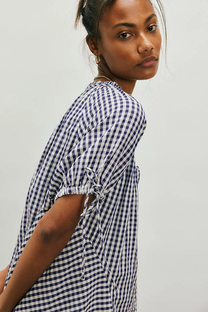 Farley Gingham Tunic - Navy Combo FREE PEOPLE