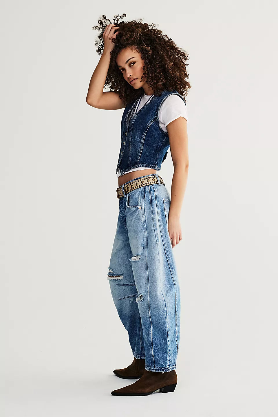 Good Luck Mid-Rise Barrel Jeans - Barnyard Blue FREE PEOPLE
