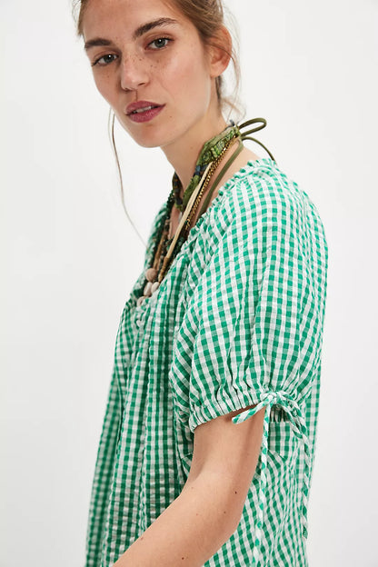 Farley Gingham Tunic - Green Combo FREE PEOPLE