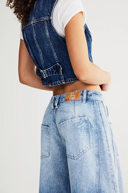 Good Luck Mid-Rise Barrel Jeans - Barnyard Blue FREE PEOPLE