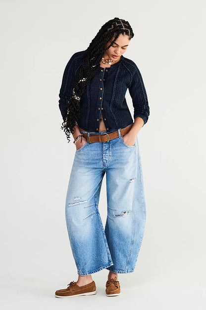 Good Luck Mid-Rise Barrel Jeans - Barnyard Blue FREE PEOPLE