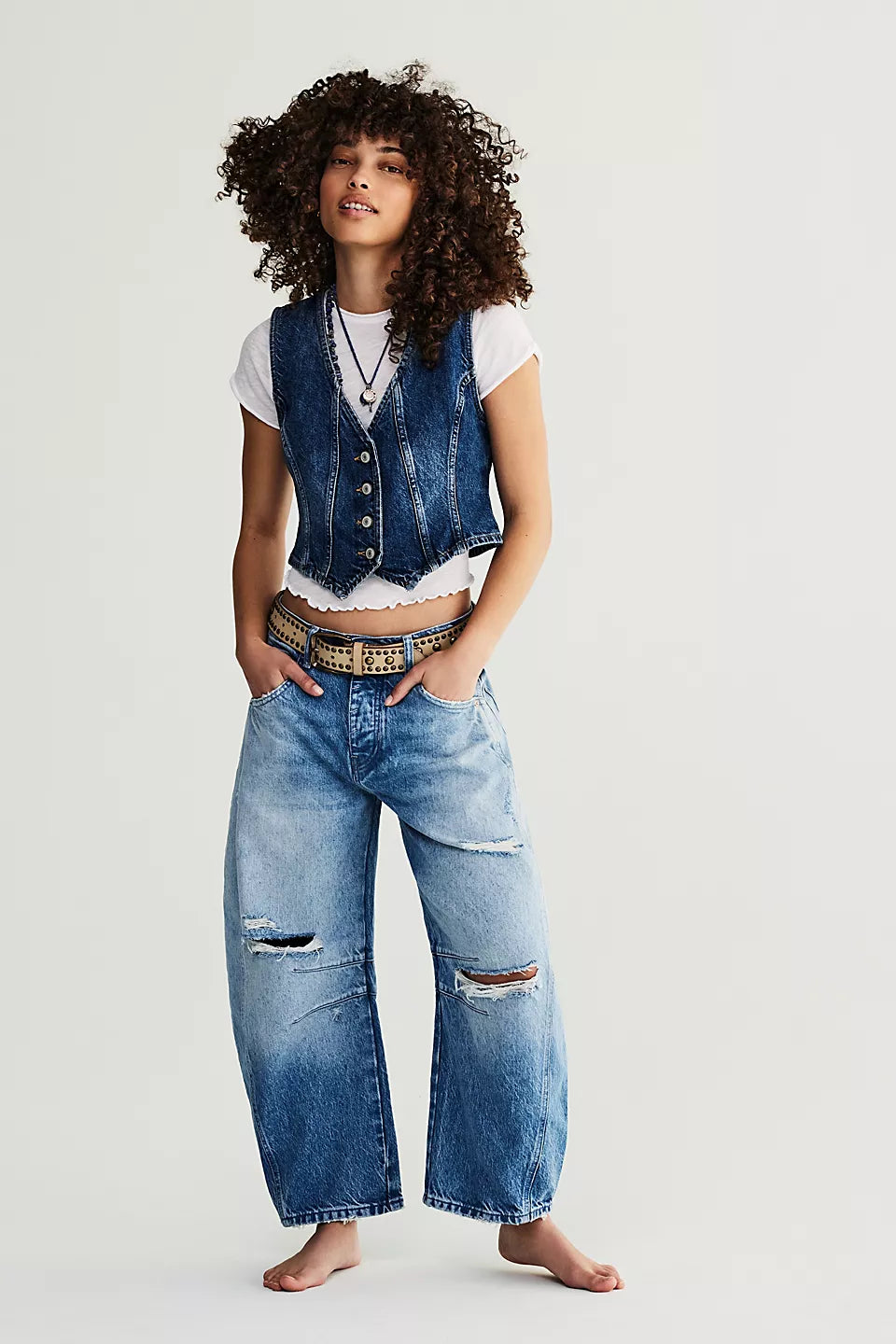 Good Luck Mid-Rise Barrel Jeans - Barnyard Blue FREE PEOPLE