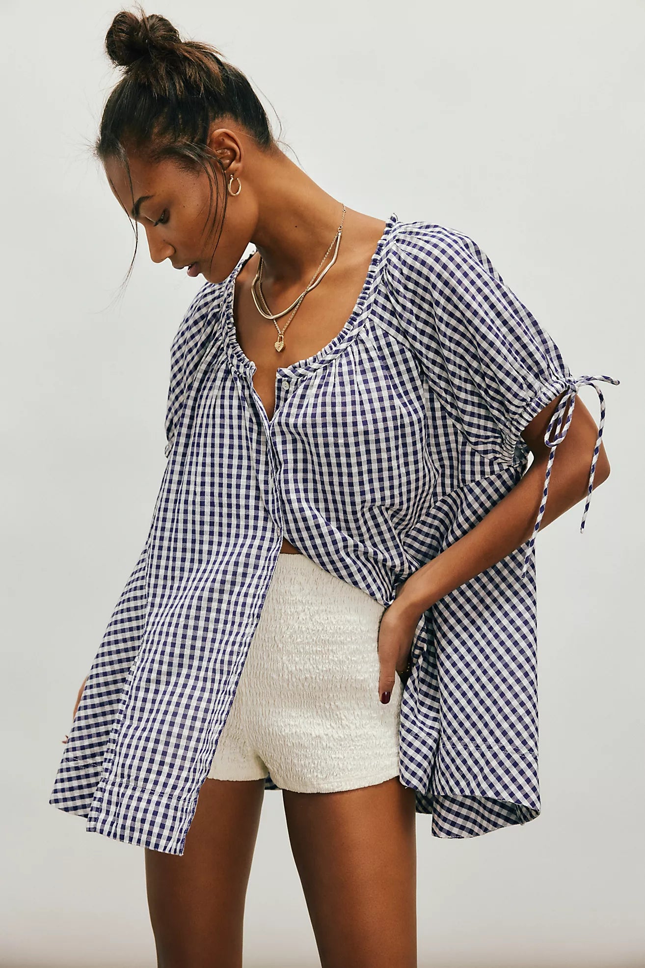 Farley Gingham Tunic - Navy Combo FREE PEOPLE