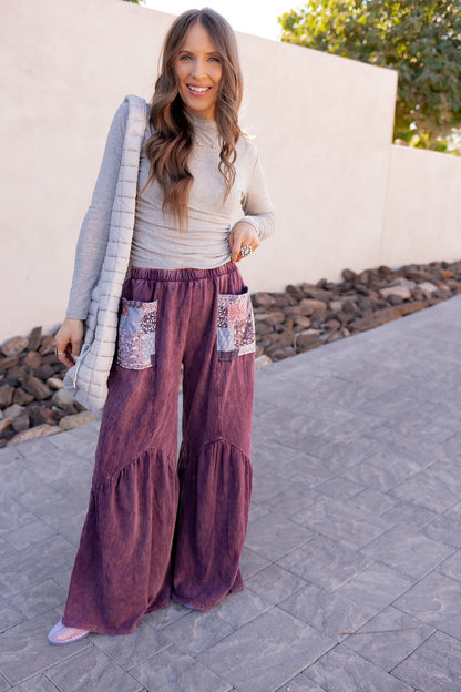 J.HER Mineral Washed Cotton Print Pocket Wide-Leg Flare Pants | S-XL
