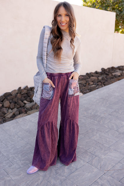 J.HER Mineral Washed Cotton Print Pocket Wide-Leg Flare Pants | S-XL