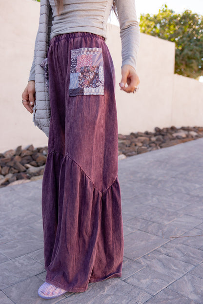 J.HER Mineral Washed Cotton Print Pocket Wide-Leg Flare Pants | S-XL