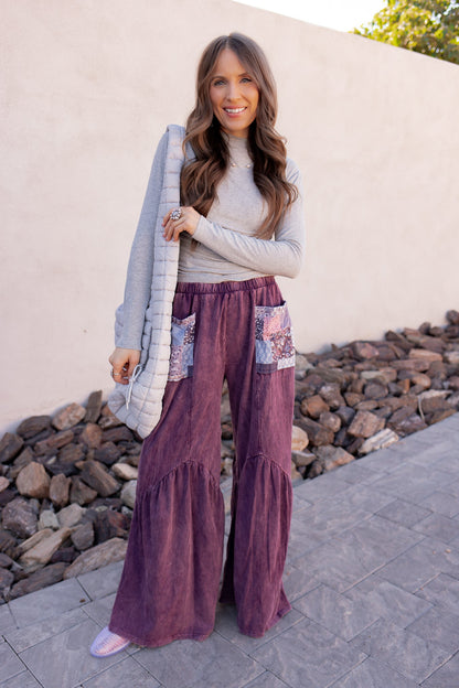 J.HER Mineral Washed Cotton Print Pocket Wide-Leg Flare Pants | S-XL