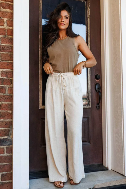 So Chill Drawstring Elastic Waist Button Pleated Detail Wide Leg Pants