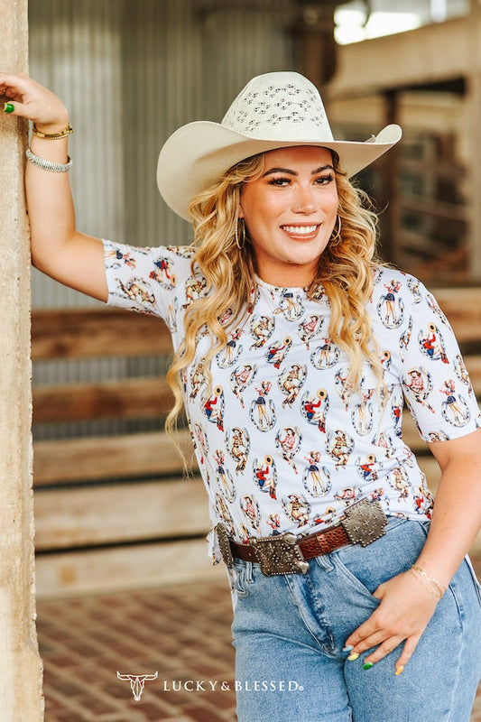Ivory Pinup Cowgirl Short Sleeve Stretch Printed Top