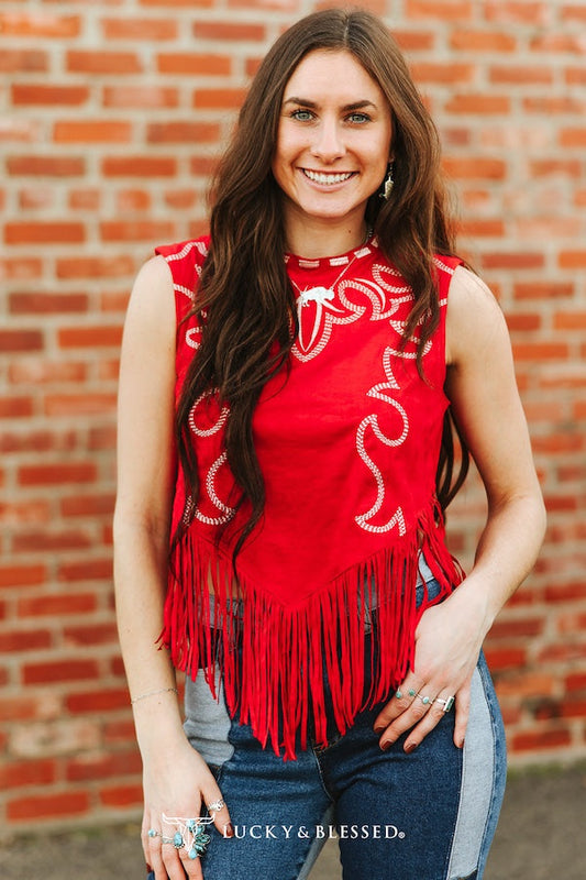 Red Suede Boot-stitch Fringe Hem Embroidered Tank