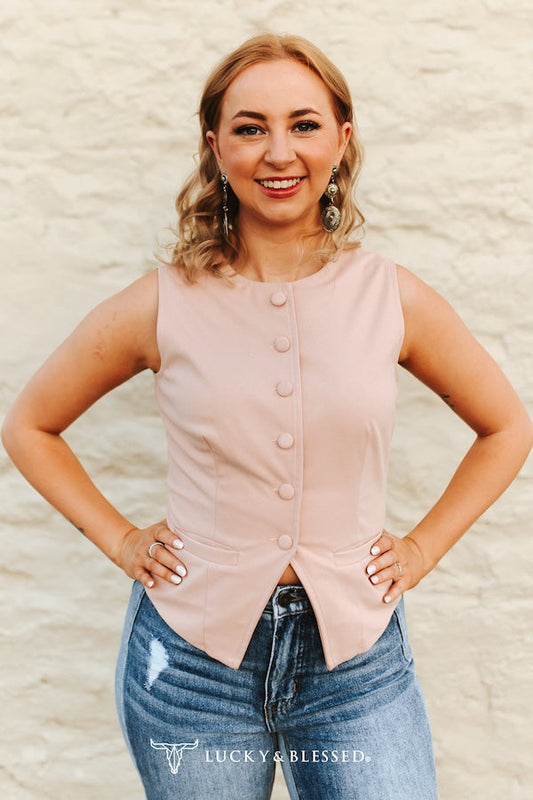 Pink Stretch Suede Button Down Western Pocket Vest