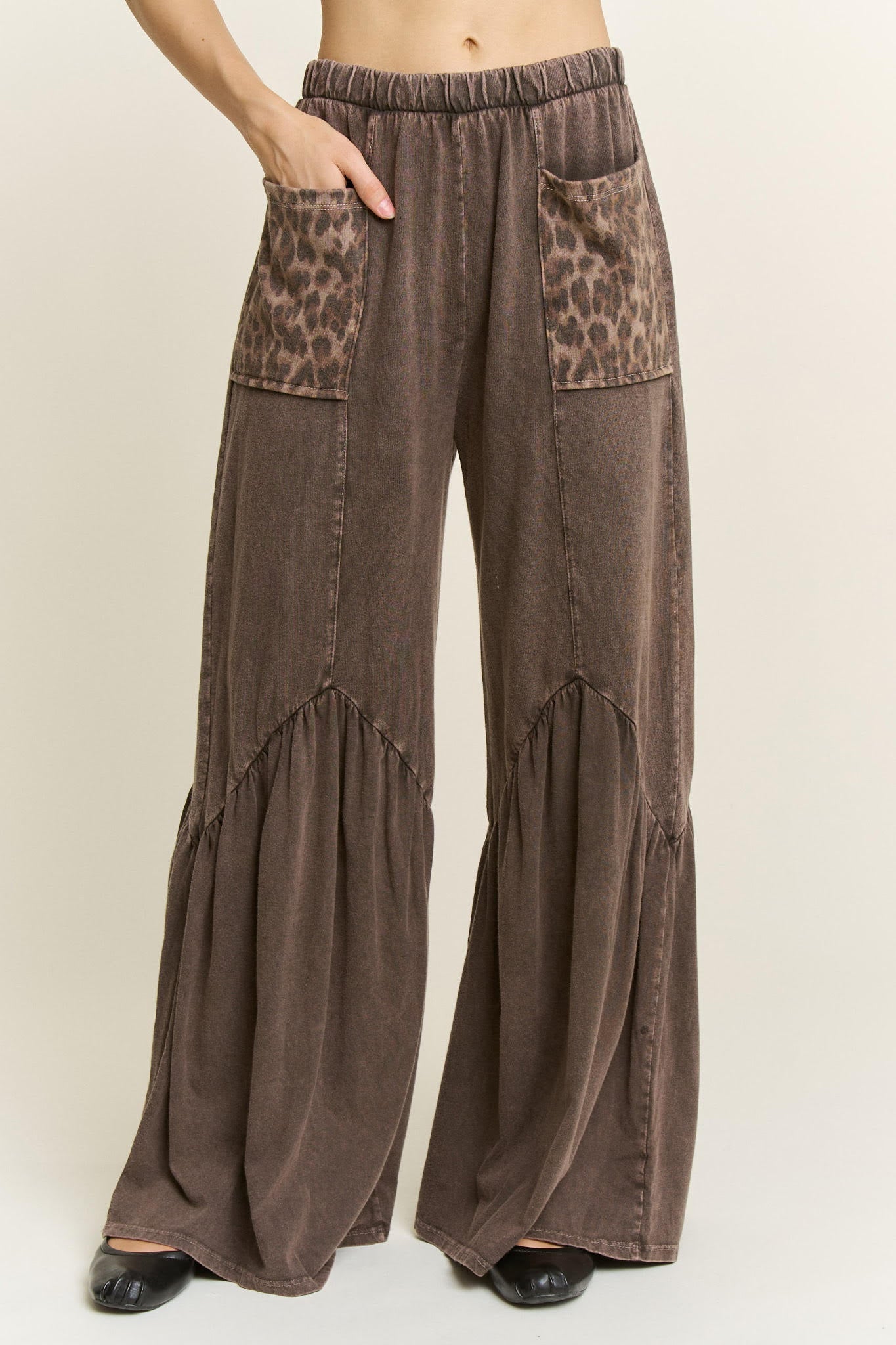 J.HER Mineral Washed Cotton Print Pocket Wide-Leg Flare Pants | S-XL