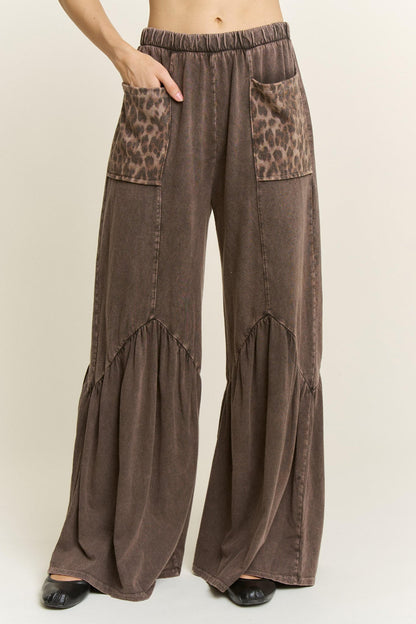 J.HER Mineral Washed Cotton Print Pocket Wide-Leg Flare Pants | S-XL